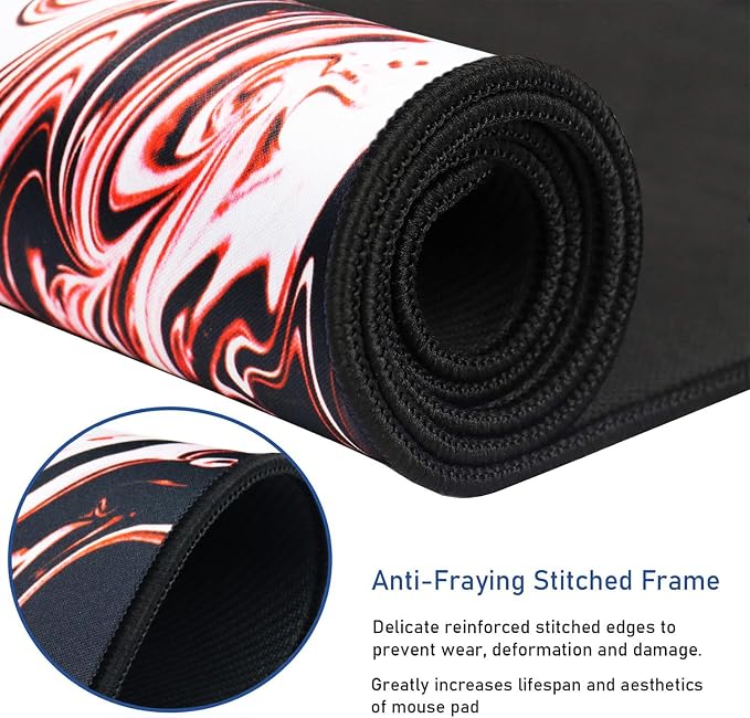 Large Extended Mouse Pad with Stitched Edges, Durable Non-Slip Natural Rubber Base, Waterproof Computer Keyboard Pad Mat for Esports Pros/Gamer/Desktop/Office/Home - Marble Red - Image 2