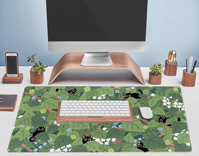 Kawaii Anime Aesthetic Black Cat Forest Plant Desk Mat, Green Sage XXL Large Extended Mouse Pad Gaming Cute Cats Desk pad, Laptop Keyboard and Mouse Mat for Women Desktop Office Decor 31.5x15.7 in - Image 5