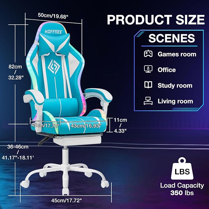 RGB Gaming Chair with LED Lights Massage Ergonomic Computer Chair-Sky Blue | High Back Video Game Chair with Footrest & Adjustable Lumbar Support Gamer Chairs for Adults Racing Style Recline - Image 2