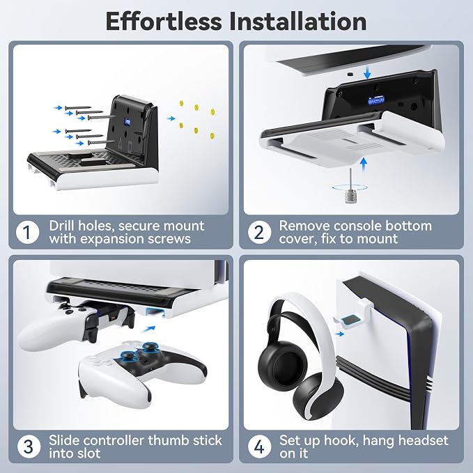 P5 Wall Mount Kit with Controller Holder Compatible with P5/Slim/Pro Disc & Digital, Pa5 Mount Floating for Gaming Accessories, Compact Pa5 Vertical Wall Shelf Organizer Bracket with Headphone Hook - Image 3