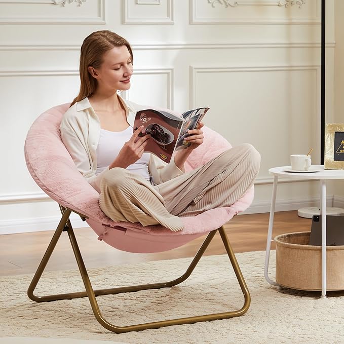 DUMOS Faux Fur Saucer Chair, Living Room Folding Lounge Chair | XL Circle Moon Mushroom Style, Gaming Dorm Small Spaces, Foldable Oversized Accent Seat, Reading - Image 2