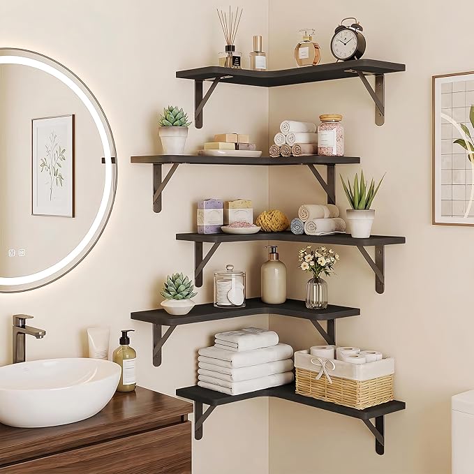 Fixwal Conner Shelves Wall Mounted for Decor, Black Set of 5 - Image 6
