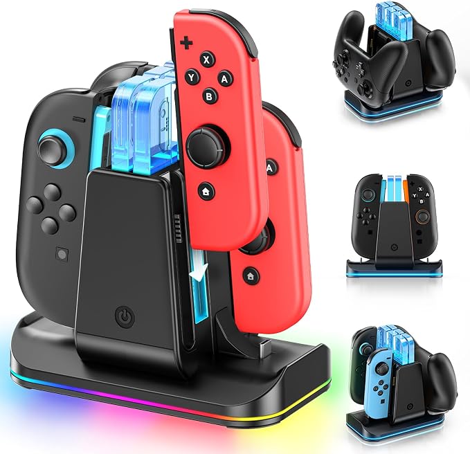 Switch 2/1 Compatible Controller Charging Dock, 6-in-1 Charger Station for 4 Joy-Cons & 2 Pro Controllers, 9 RGB Modes Fast Charging Stand for Switch 2 Accessories, with LED Indicator by Rysker