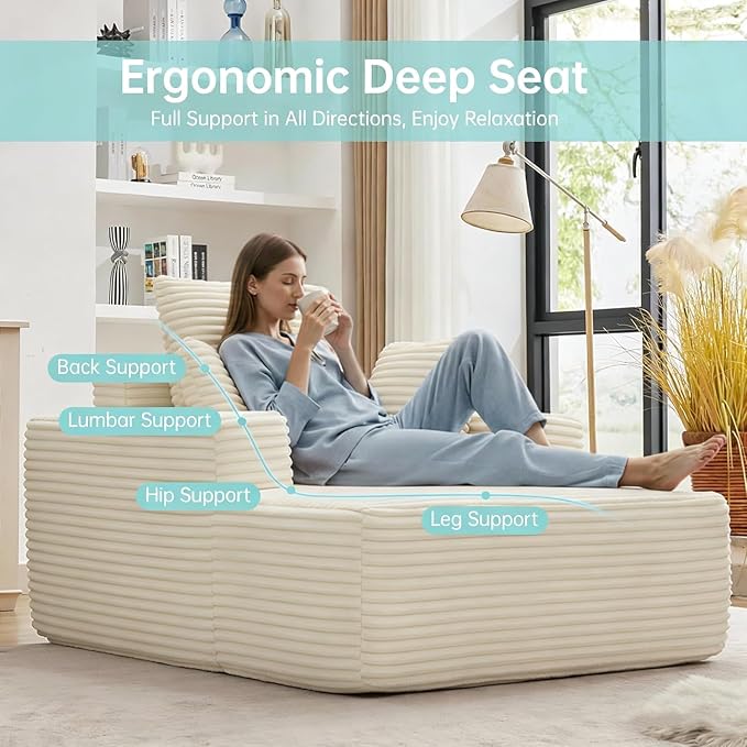 Boneless Chaise Lounge Chair, 54" Oversized Cloud Couch Sofa with Deep Seat, Plush Corduroy Reading Chair for Living Room, Bedroom, Reading Nook, Apartment, Gaming Room & Movie Nights, Beige - Image 3