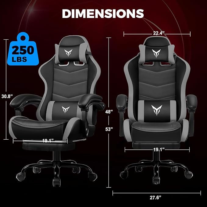 GTPLAYER Gaming Chair with Footrest, Video Game Chairs Racing Style PC Game Chairs 350lbs for Adults - Padded High Back Ergonomic Reclining Silla Gamer, Linkage Armrest, Grey - Image 2