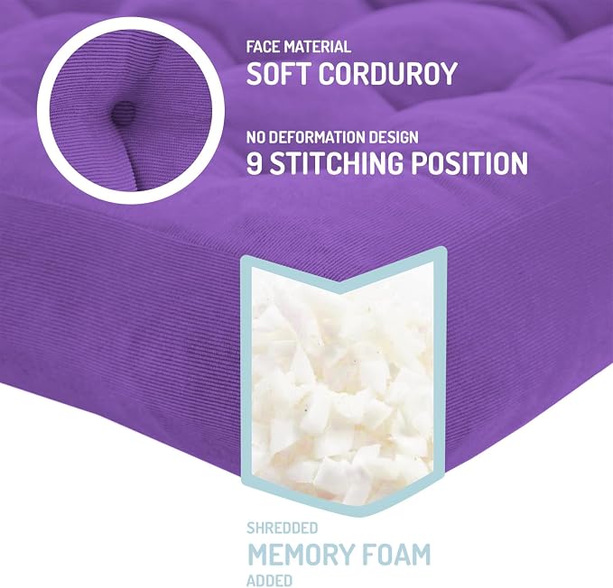 Degrees of Comfort Square Tufted Corduroy Floor Cushions, Large Pillows Seating for Adults, Meditation Pillow for Balcony Tatami Living Room, 22x22 Inch, Purple - Image 2