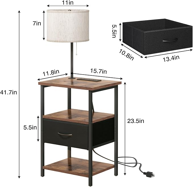 Fixwal Nightstand with Lights Bedside Table with 3 Color Temperatures Bulb, Night Stand with Charging Station End Table with Adjustable Fabric Drawer for Bedroom Dorm - Image 3