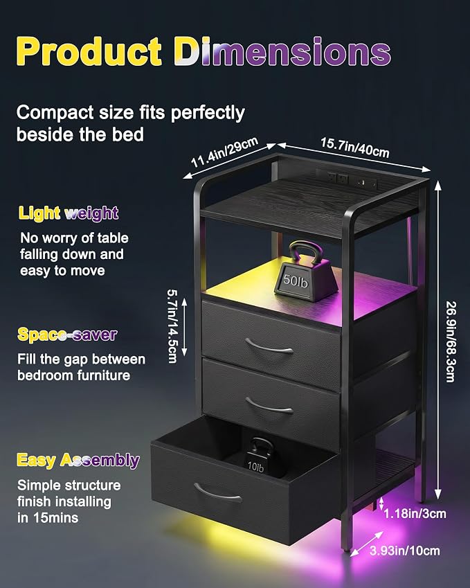 Fixwal Led Nightstand with Multiple Gradient Color Light Effects, Black - Image 2