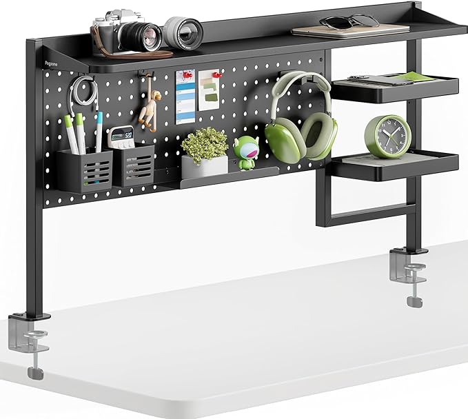 PEGZONE Clamp on Desk Shelf, 44" Desktop Shelving System, Black | with Pegboard and Accessories, Desktop Organizer with 2-Tier Shelf, Desk Pegboard for Office Home Gaming by Pegzone
