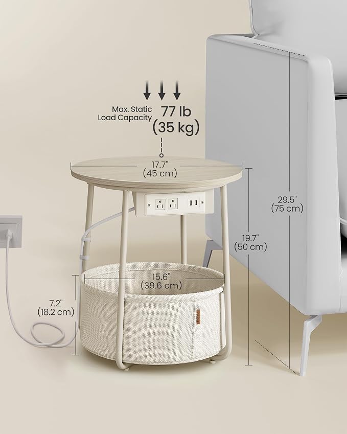 VASAGLE Side Table with Charging Station,Fabric Basket, Round End Table - Image 2