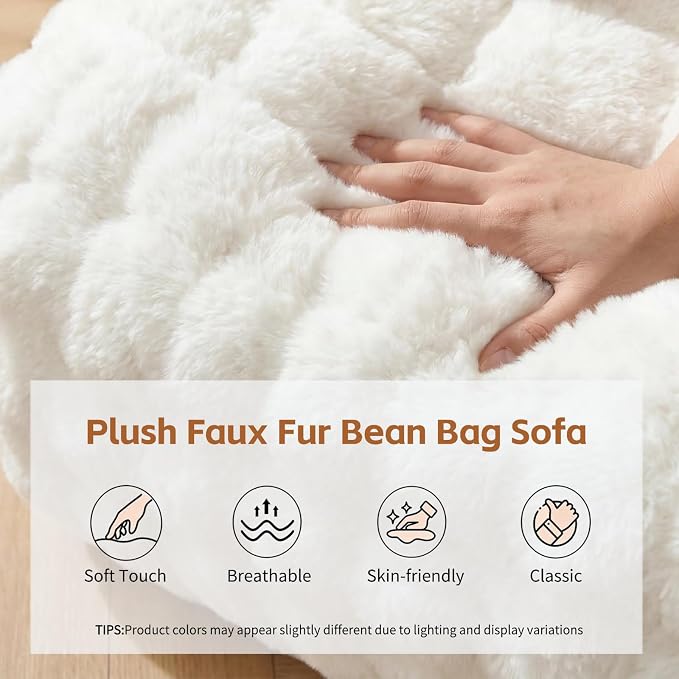 Cozy Memory Foam Faux Fur Floor Bean Bag Chair, White | Soft fluffy faux fur exterior, memory foam padded bean bag, versatile lounge seat for bedroom decor & leisure use - Image 7