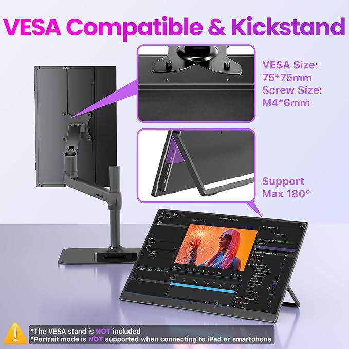 Upperizon Portable Monitor 16 inch 2K QHD 2560X1600 145% sRGB, 144Hz USB-C, 120Hz HDMI, Travel Monitor for Laptop MacBook PC Surface PS5 Xbox, External Display with Kickstand & Speaker VESA Compatible - Image 7