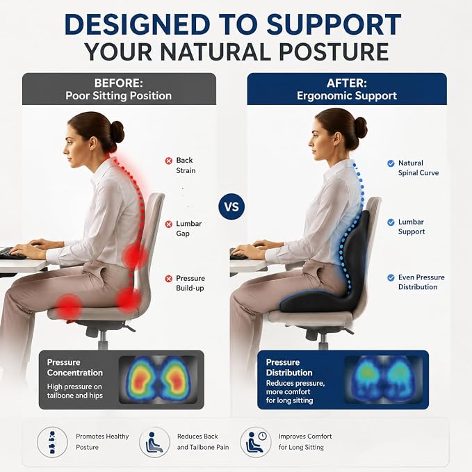 L-Shaped Ergonomic Seat Cushion with Lumbar Support for Office Chair Black | Memory Foam Orthopedic Cushion with Coccyx Hollow, Tailbone Pain Relief for Car, Truck, Gaming Chair, Travel - Image 5