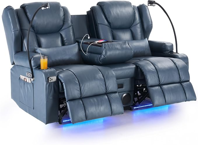 Redlife Power Loveseat Recliner Sofa with Console, Blue LED Lights by Redlife