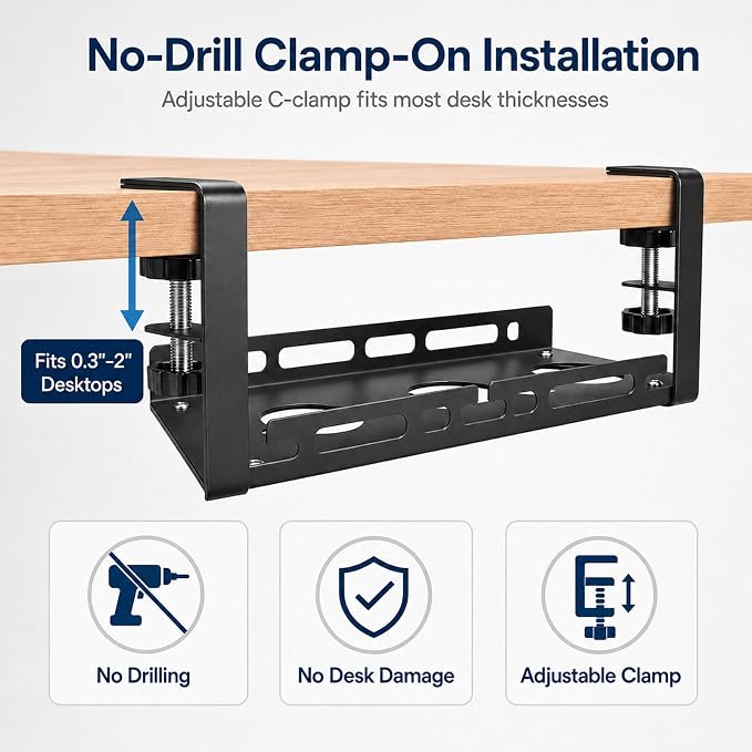 Under Desk Cable Management Tray, 15.75" No Drill Clamp-On Metal Cable Tray for Power Strip, Compact Under Desk Cord Organizer and Wire Management Holder for Office, Gaming Desk, Standing Desk - Image 5