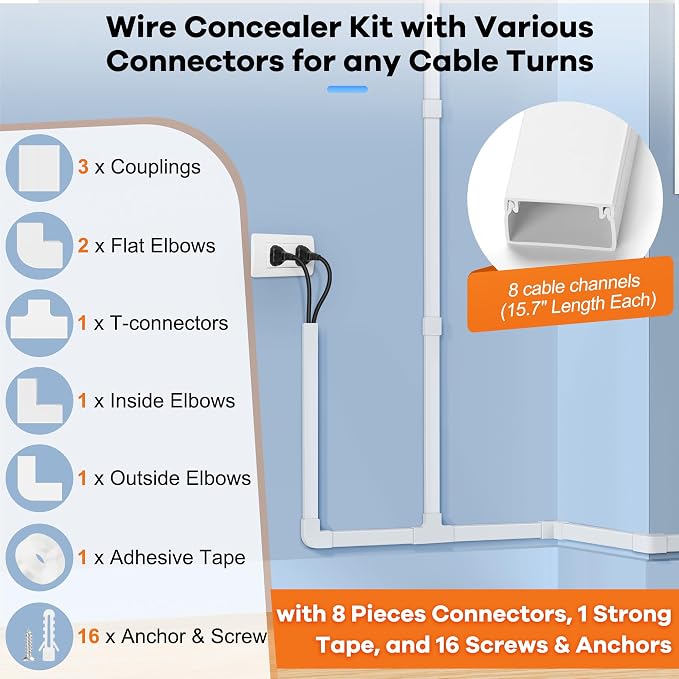 126in Cord Hider Kit, ZhiYo Wire Hiders for TV on Wall, Paintable Cable Management Kit, Wire Cover for Wall Mount TV, White Cable Raceway, Cord Cover Wire Management Kit, 8 x L15.7in W1.18in H0.67in - Image 3