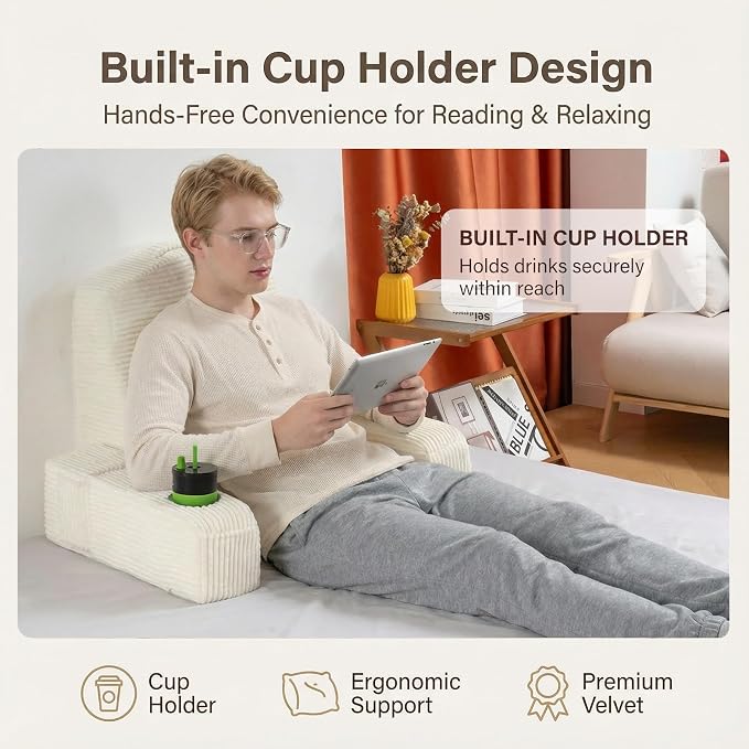 Reading Pillow for Adults, Back Pillow for Bed Sitting Up, Backrest Pillow for Sitting in Bed, Detachable Arms with Built-in Cup & Phone Caddy (Beige-Corduroy, 19 INCH) - Image 4