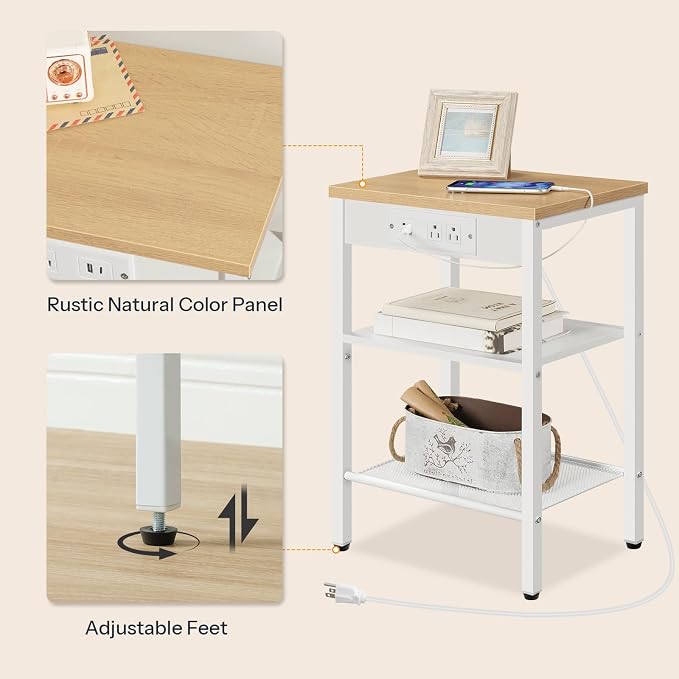 HOOBRO Side Table with Charging Station and USB Port, Small End Table for Small Space, 3-Tier Nightstand with Adjustable Shelf, for Living Room, Bedroom, Natural and White WN112BZ01 - Image 6