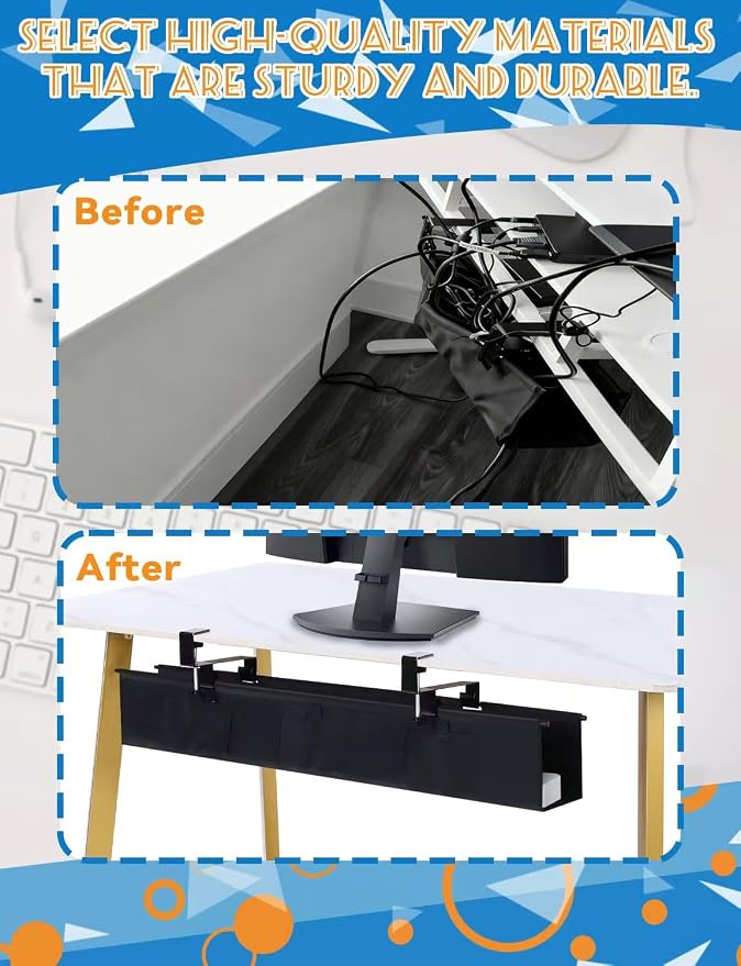 No Drill Under Desk Cable Management Tray - 36" Under Desk Cord Organizer,Clamp/Screw Mount Cable Management, Premium Fabric Cord Hider for Wire Organizer for Office, Home - Image 7