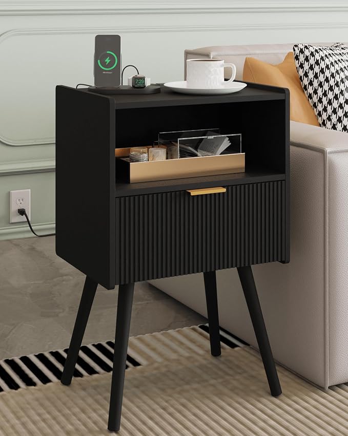 Veegle Nightstand,Modern Bedside Table with Storage Drawer and Open Wood Shelf, Accent Night Stand with Solid Wood Legs for Living Room, Bedroom and Small Spaces,Easy Assembly (Black-Outlet) by Unknown