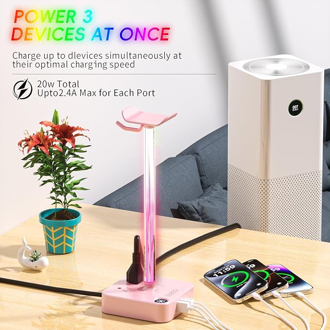 cozoo Headphone Stand with Charger, USB C, Gifts for Gamers Men, Pink Pro | Gaming Headset Stand Holder for Desk, 3 USB(1 USB C) and 2 AC Outlets Charging Ports, Headphone Hanger, Gamer Gifts for Men - Image 5