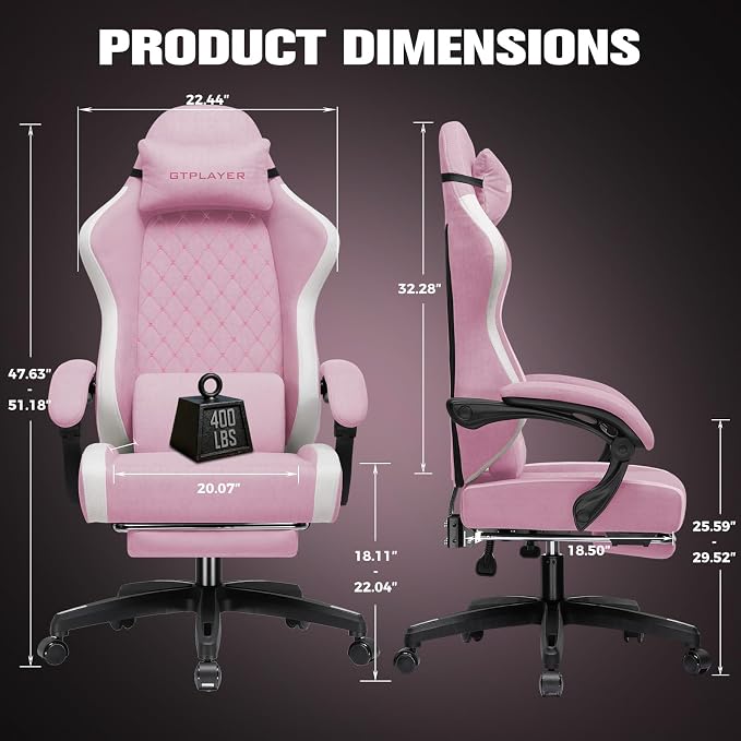 GTPLAYER Gaming Chair, Ergonomic Computer Chair with Footrest and Lumbar Support, High Back Recliner Chair 350lbs, Height Adjustable for Home Office, Pink - Image 3