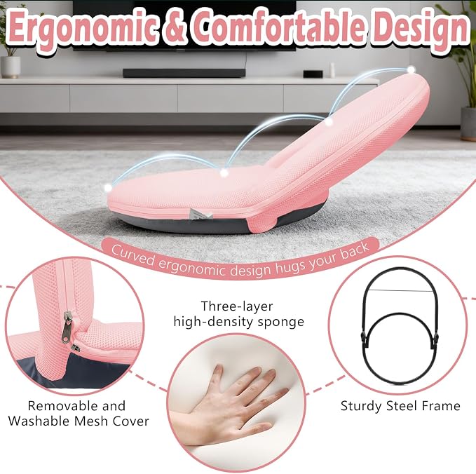 Floor Chair Floor Cushion Folding Padded Gaming Chair Adjustable 5-Position Floor Seat with Back Support for Kids Adult Great for Gaming Reading Meditating - Image 4