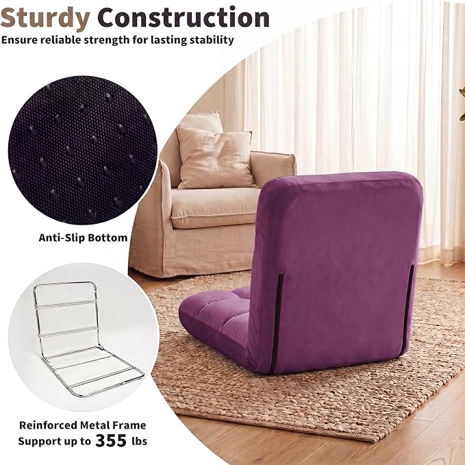 Garvee Folding Floor Chair with Back Support, Cozy Video Gaming Chairs | Adjustable Position, Metal Support Floor Lounger Foldable Lazy Sofa Bed Meditation Chair Foldable Ground Chair for Adult/Kids - Image 5
