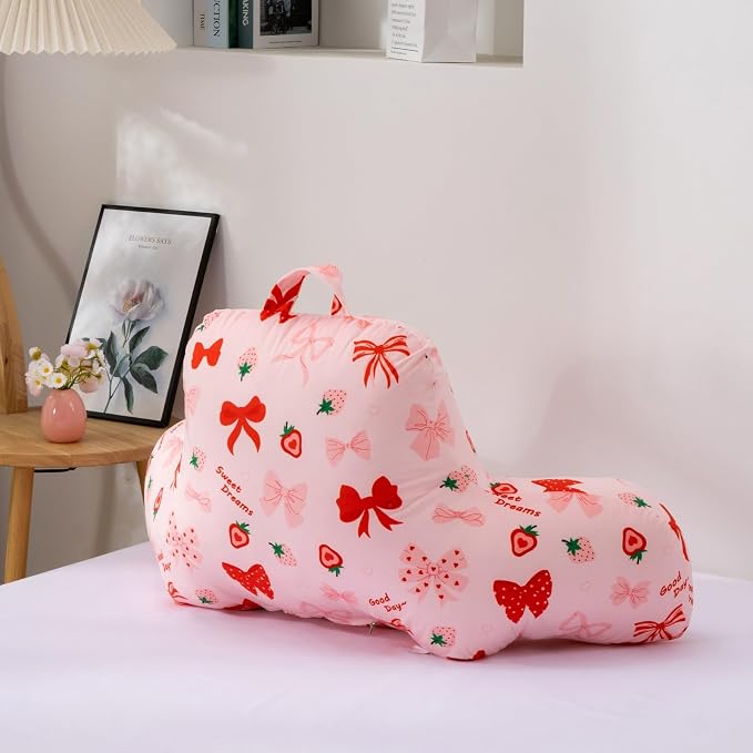 A Nice Night Kids Back Reading Pillow for Reading and Watching TV Bed to Lounge, Cute Ribbon Bowknot Strawberry Printed,with Matching Cushion Cover - Image 3
