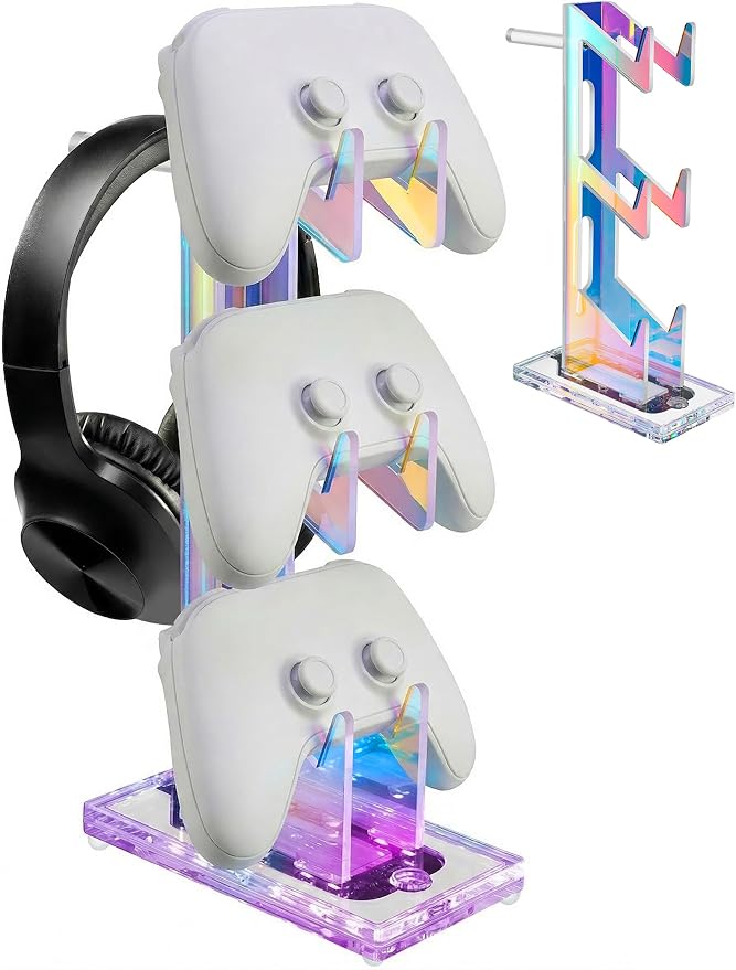 NiHome Controller Holder & Headphone Stand, LED Acrylic 3-Tier Gaming Desk | USB-Powered 7 Colors 3 Modes, Anti-Slip Headset Cable Management, Gamer Gift For PS5 Xbox by NiHome