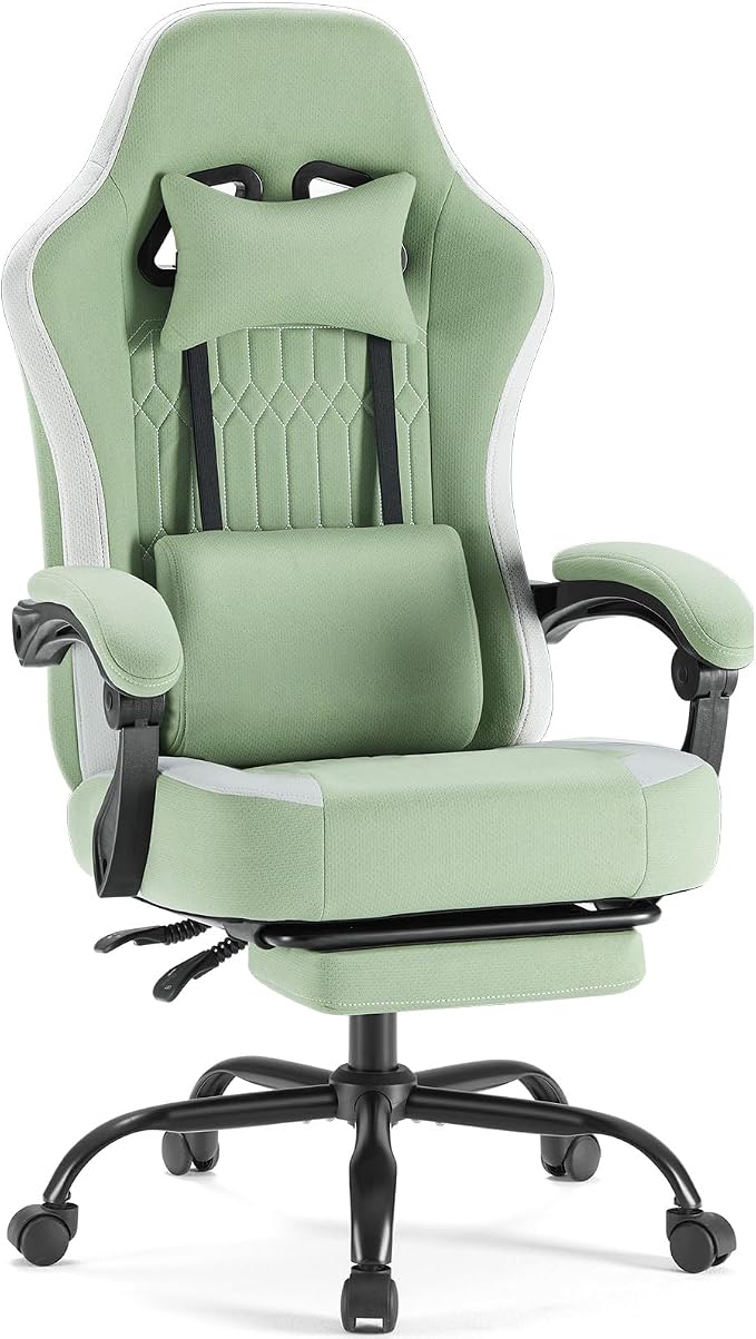 DUMOS Ergonomic Gaming Chair with Footrest, Video Game Chairs | Comfy Lumbar Support, Linkage Armrests, Tech Fabric, Pocket Spring Cushion, Office, Adults Students, Green by DumosLifestyle