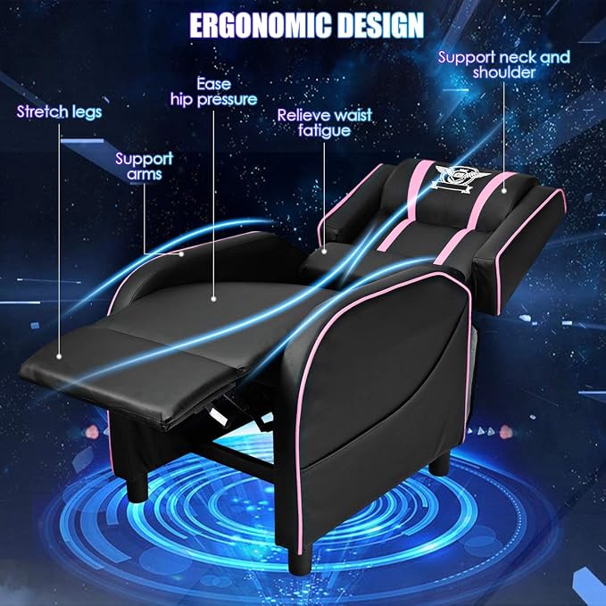 Giantex Gaming Recliner Chair, Adjustable Massage Gaming Chairs for Adults, Ergonomic Comfortable Lounge Leather Sofa w/Footrest, Remote Control & Side Pocket, Racing Style Single Sofa Recliners, Pink - Image 8