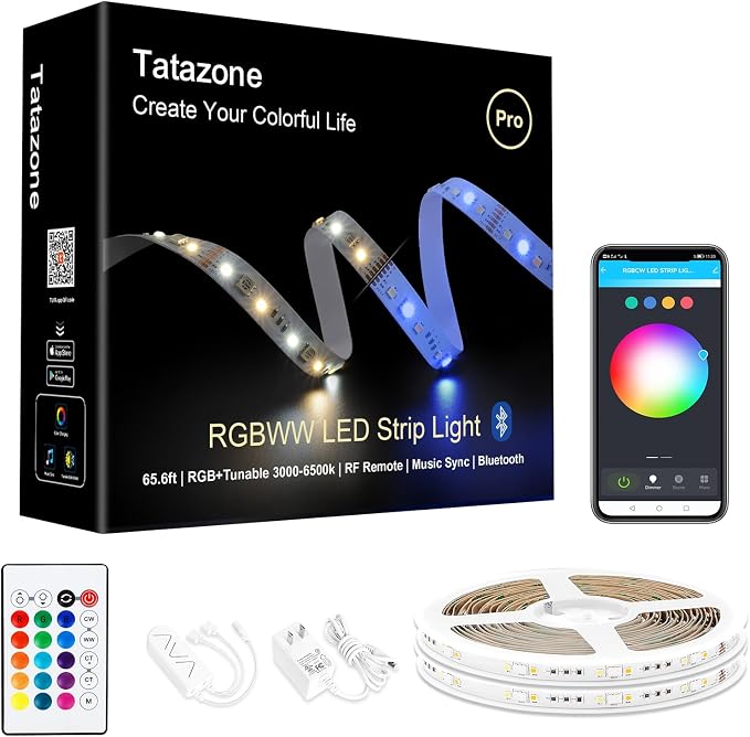 Tatazone RGBWW Bluetooth LED Strip Lights, 65.6ft Tunable White 3000K to 6500K+RGB Led Light Strips, Music Sync Color Changing Indoor LED Rope Lights for Cabinet, Bedroom,2 Roll of 32.8ft by Tatazone