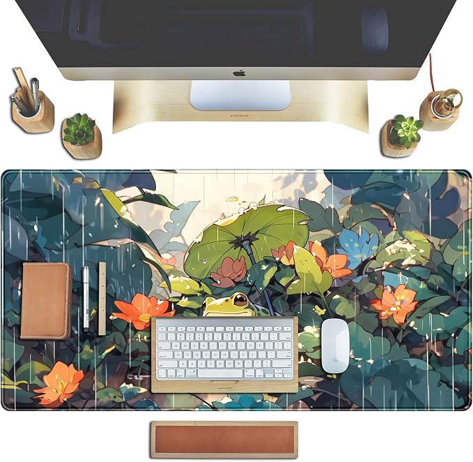 Anime Frog Mouse Pad Desk Mat Cure Frogs On Rainy Days Green Desk Decor Mat, Large Gaming Mouse Pad for Desk Computer Keyboard Laptop, Desk Decor Home Office Accessories for Girl with Stitched Eges - Image 4