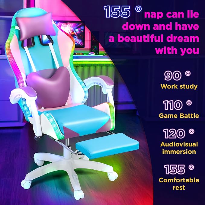 Gaming Chair with Lights, Ergonomic High-Back Office Chair with 360° Swivel & Adjustable Recline, Racing Style Faux Leather Computer Chair for Game Room, Home & Office - Image 5