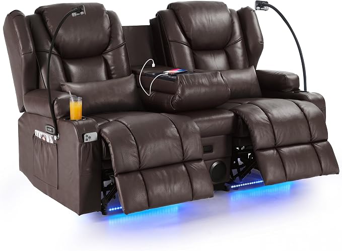Redlife Power Loveseat Recliner Sofa with Console, Blue LED Lights by Redlife