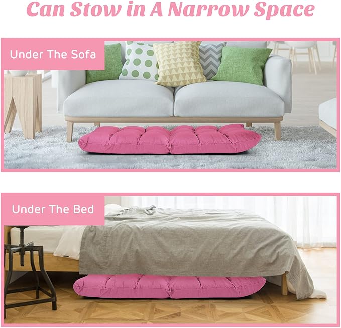 Giantex Adjustable Floor Gaming Sofa Chair 14-Position Cushioned Folding Lazy Recliner High Resilience Sponge, Breathable Cotton & Linen Fabric Sleeper Bed Couch Recliner (Pink) - Image 5