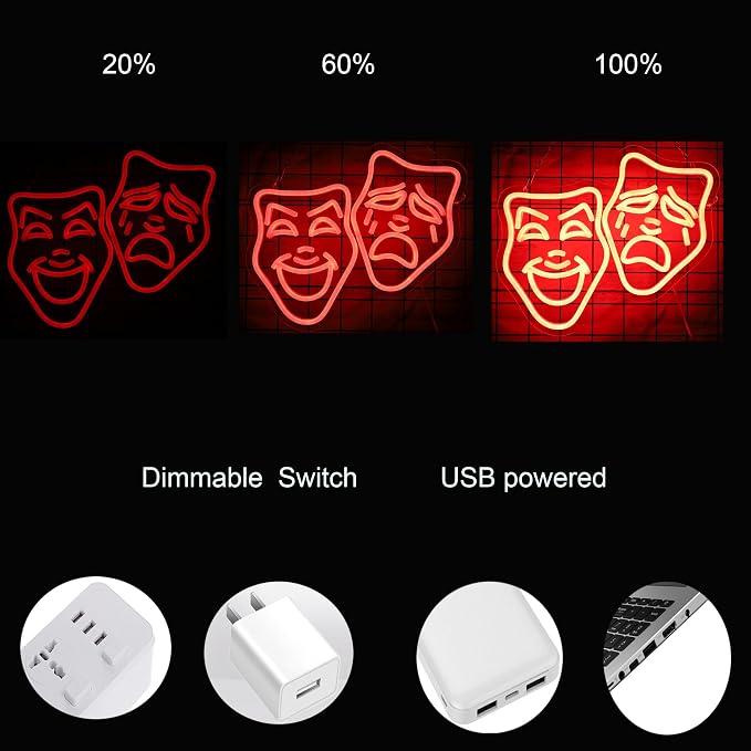 Theater Mask Neon Sign for Home Theater Room Decor Comedy Tragedy Theater Masks Wall Art for Movie Classroom Room Decor Theater Masks lamp - Image 4