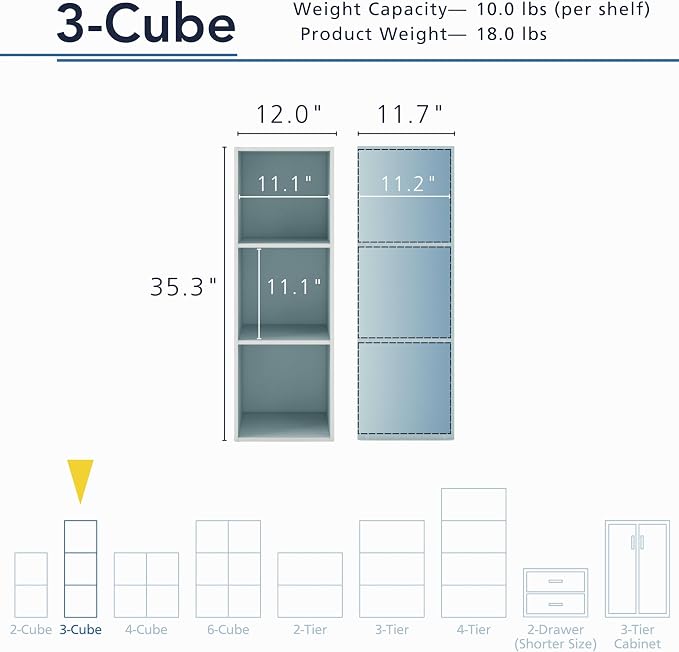 Homes: Inside + Out Apexa 3-Cube Storage Organizer Shelves, Stackable Wood Bookcase Fits Cubby Bins for Organization, Dorm Teen Room Decor & Home Office, Light Blue - Image 3
