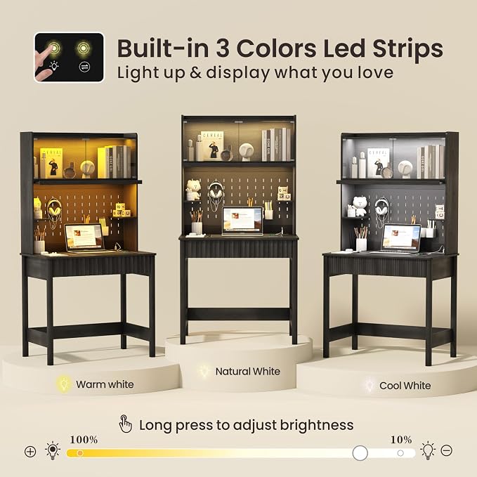 Lvifur 31.5" LED Study Desk with Hutch,Outlets,Reading Lights | Computer Desk with Charging Station,2 Drawer,Compact Writing Desks,Home Office Desks for Bedroom,Black - Image 5