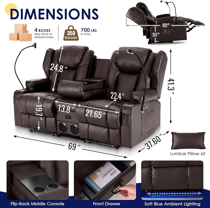 Redlife Power Loveseat Recliner Sofa with Console, Blue LED Lights - Image 3
