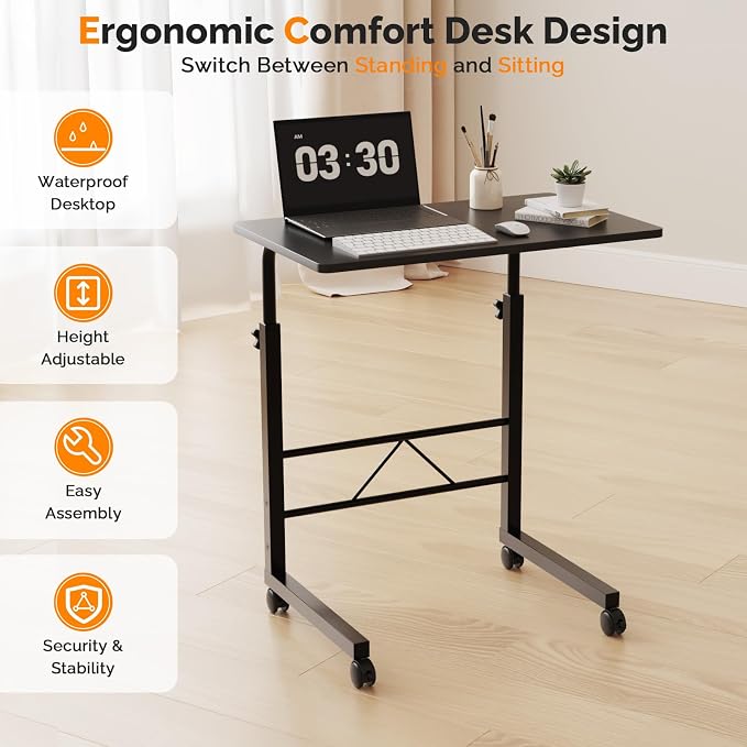 FCH Computer Workstation, Standing Desk Adjustable Height, Small Computer Desk w/Rolling, Sit Stand Laptop Desk TV Tray Computer Workstation for Bed Sofa Hospital Reading Eating, 23.6", Black - Image 7