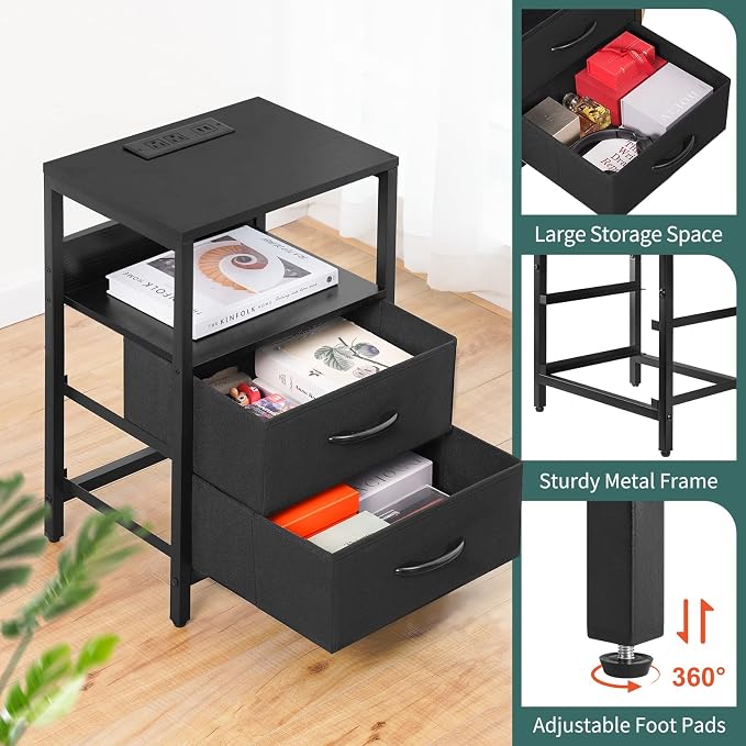 Yoobure Nightstand with Charging Station, Small Night Stand with Fabric Drawers and Storage Shelf for Bedrooms, Nightstands for Small Spaces, Bedside Table with USB Ports & Outlets Bed Side Table - Image 8