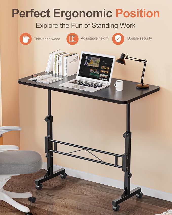 Amztabler Small Standing Desk Adjustable Height, Mobile Stand Up Desk with Wheels, 32 Inch Portable Rolling Desks Conference Room Tablesf for Walking Pad Treadmill Black - Image 3