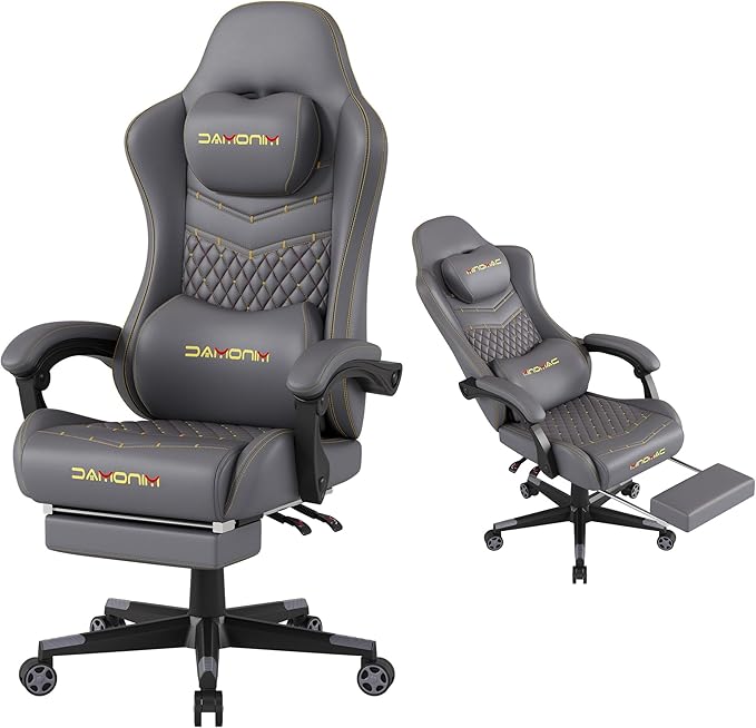 Gaming Chair,Big and Tall Gaming Chair 400lbs Office Chair with Footrest, 90-155° Recline & Removable Headrest Lumbar Support[Spring + 4D Sponge](Grey) by Unknown