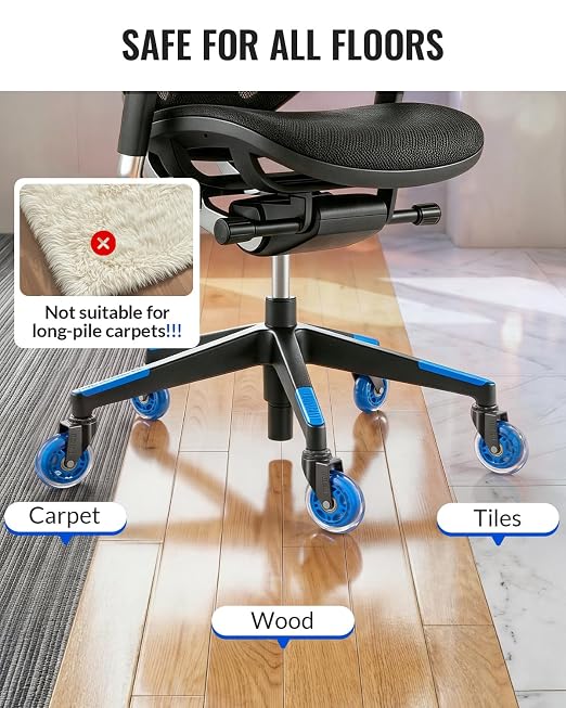 HOLKIE Gaming Chair Wheels Blue Roller Blade Rubber Caster 3 Inch Set of 5 for Carpet Hardwood Floors - Image 5