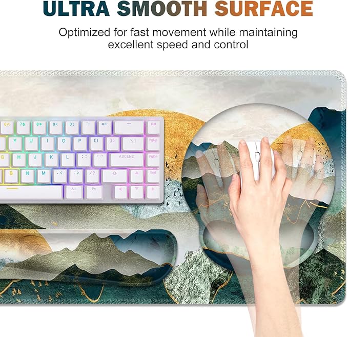 Gaming Mouse Pad, Large Desk Mat, Cute Desk Pad Protector, 4in1 XXL Mousepad +Keyboard Wrist Rest+Mouse Wrist Rest+Coaster Set with Ergonomic Desk Pad for Home Office Table Computer Green Mountain - Image 4