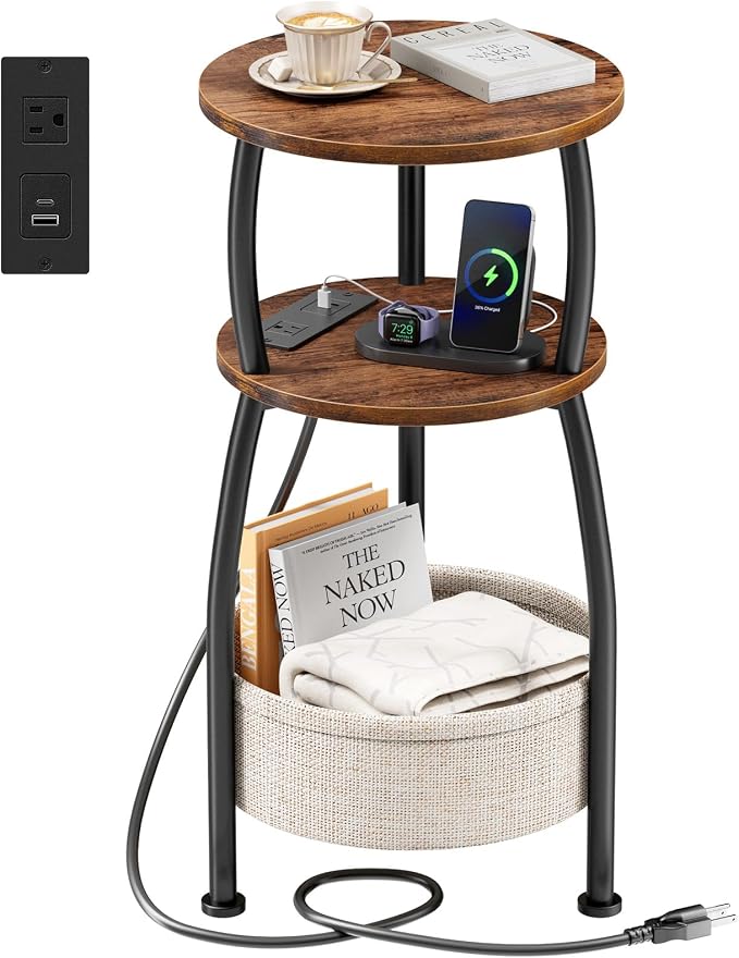 Side Table with Charging Station, Small Round End Table with Basket by designyourhome