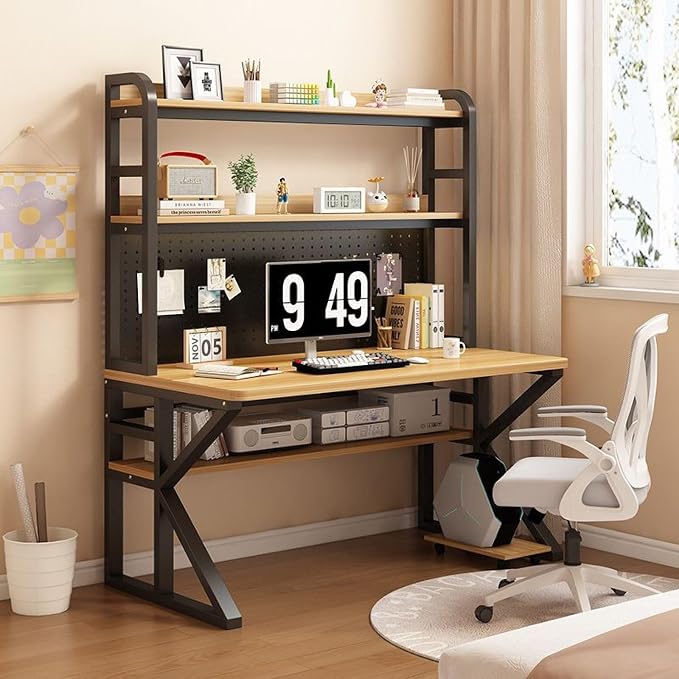 Multi-Functional Gaming Desk with Pegboard, Large Computer Desk with Storage Shelves Home Office Desk Study Writing Workstation(100x60x171cm, Walnut) by Unknown