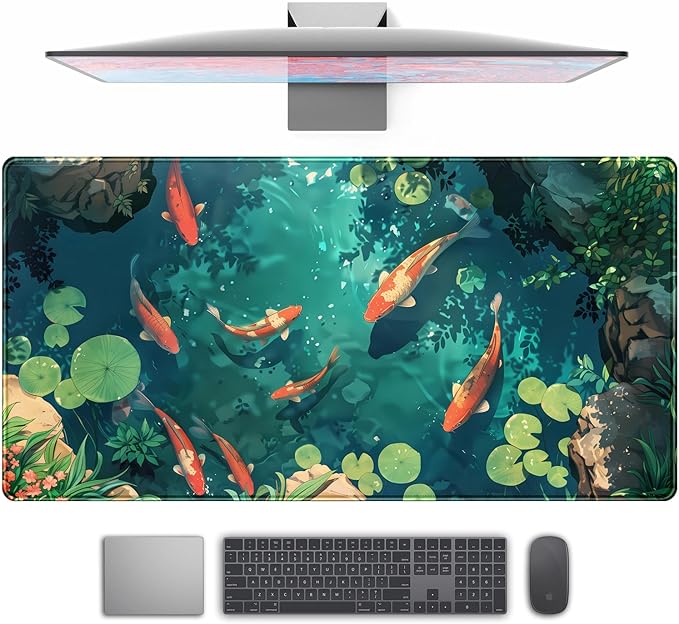 Koi Fish Desk Mat Gaming Koi Pond Desk Pad Large Cute Mouse Pad, Goldfish Mouse Mat XXL Laptop Keyboard Pad, Blue Waters Gamer Mouse Pad Full Mousepads Cool Office Accessories 31.5"x15.7" by TENG+DA+QING